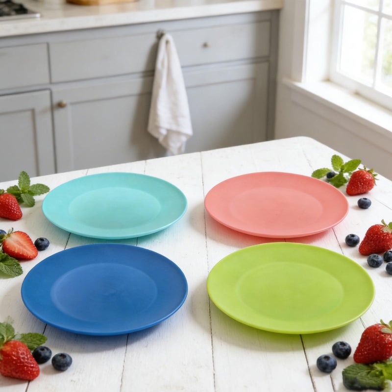 YUYUHUA Plastic Plates Reusable 10 inch - Kitchen Flat Dinner Plate - Dishwasher Safe & Microwavable Plates set of 12 - Kids Stacking Colorful for Indoor Outdoor (BPA Free) - Image 3